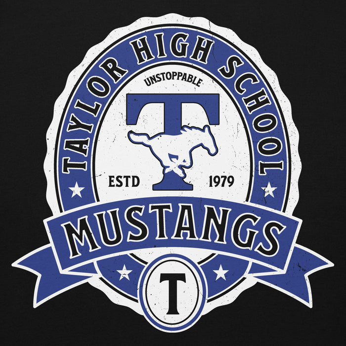 Close-up view of Taylor High School Mustangs Black Premium Unisex Hoodie 212