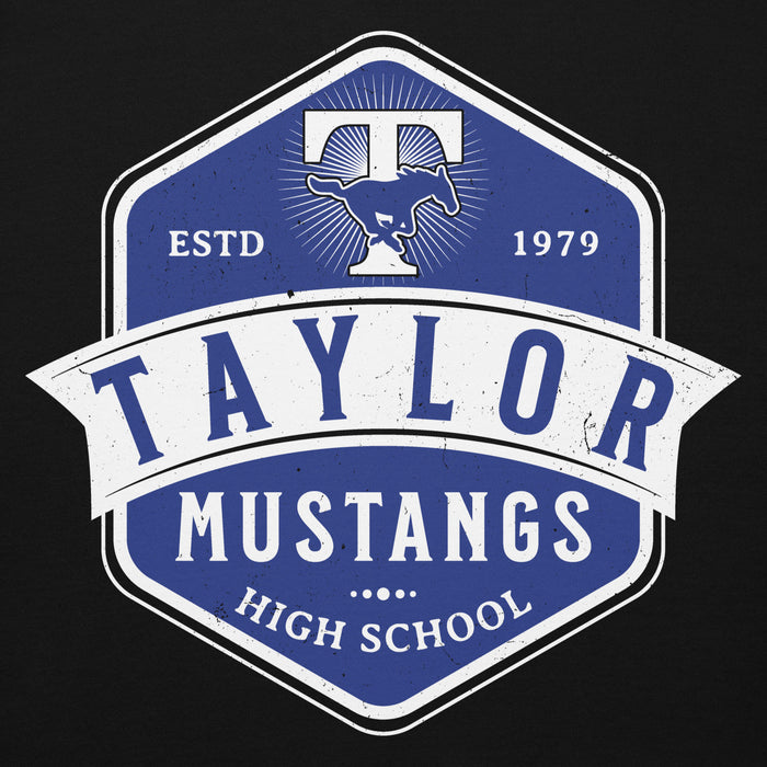 Close-up view of Taylor High School Mustangs Black Premium Unisex Hoodie 209