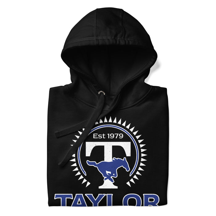 Neatly folded view of Taylor High School Mustangs Black Premium Unisex Hoodie 226