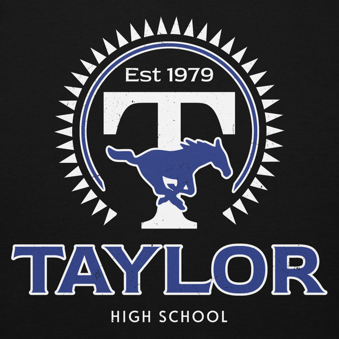 Close-up view of Taylor High School Mustangs Black Premium Unisex Hoodie 226