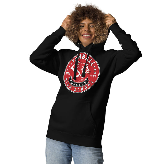 Woman wearing Tomball High School Cougars Black Premium Unisex Hoodie 215