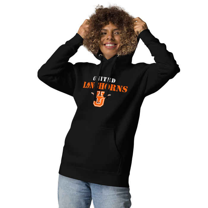 Woman wearing United High School Longhorns Black Premium Unisex Hoodie 222