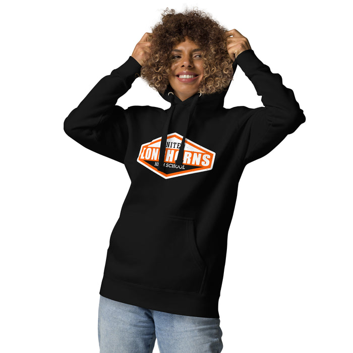 Woman wearing United High School Longhorns Black Premium Unisex Hoodie 009