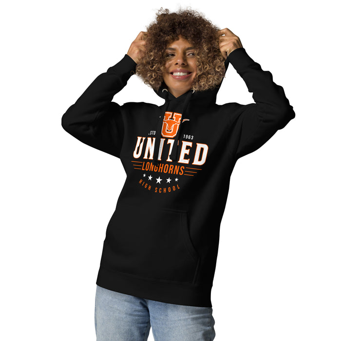 Woman wearing United High School Longhorns Black Premium Unisex Hoodie 217