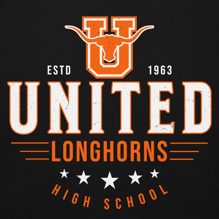 Close-up view of United High School Longhorns Black Premium Unisex Hoodie 217