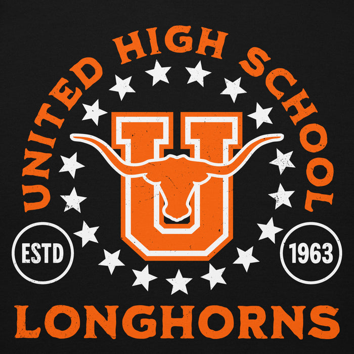 Close-up view of United High School Longhorns Black Premium Unisex Hoodie 208