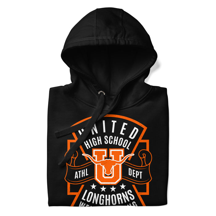 Neatly folded United High School Longhorns Black Premium Unisex Hoodie 207