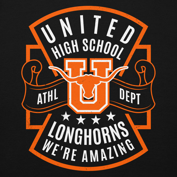 Close-up view of United High School Longhorns Black Premium Unisex Hoodie 207