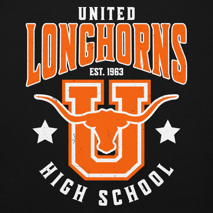 Close-up view of United High School Longhorns Black Premium Unisex Hoodie 213