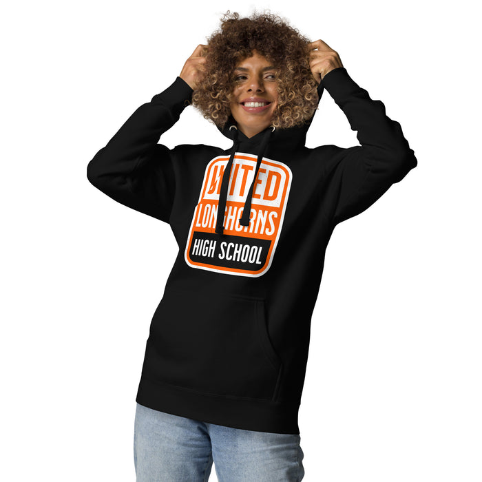 Woman wearing United High School Longhorns Black Premium Unisex Hoodie 001