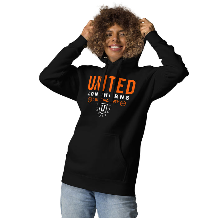 Woman wearing United High School Longhorns Black Premium Unisex Hoodie 003