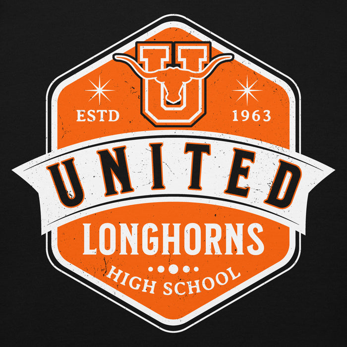 Close-up view of United High School Longhorns Black Premium Unisex Hoodie 209