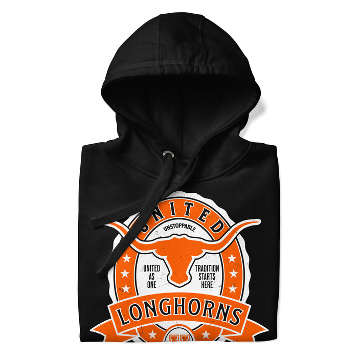 Neatly folded view of United High School Longhorns Black Premium Unisex Hoodie 212