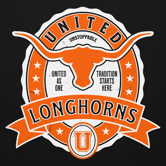 Close-up view of United High School Longhorns Black Premium Unisex Hoodie 212