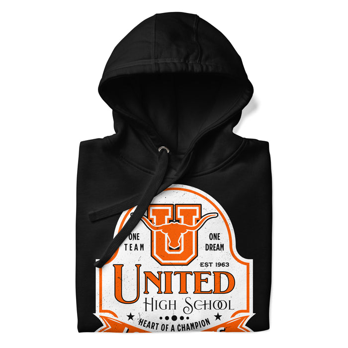 Neatly folded view of United High School Longhorns Black Premium Unisex Hoodie 219