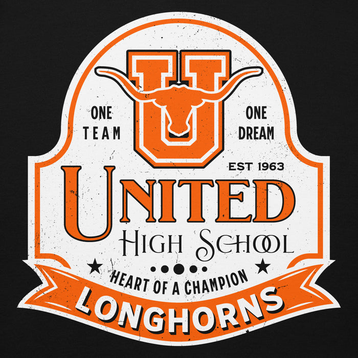 Close-up view of United High School Longhorns Black Premium Unisex Hoodie 219