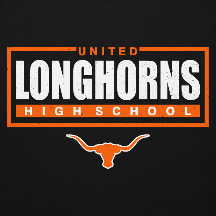 Close-up view of United High School Longhorns Black Premium Unisex Hoodie 049