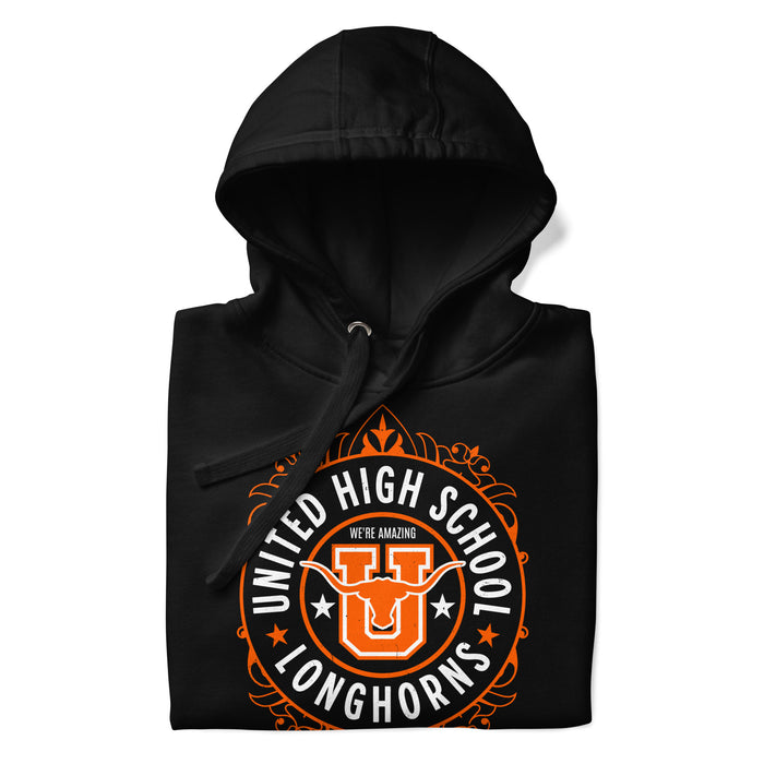 Neatly folded view of United High School Longhorns Black Premium Unisex Hoodie 227