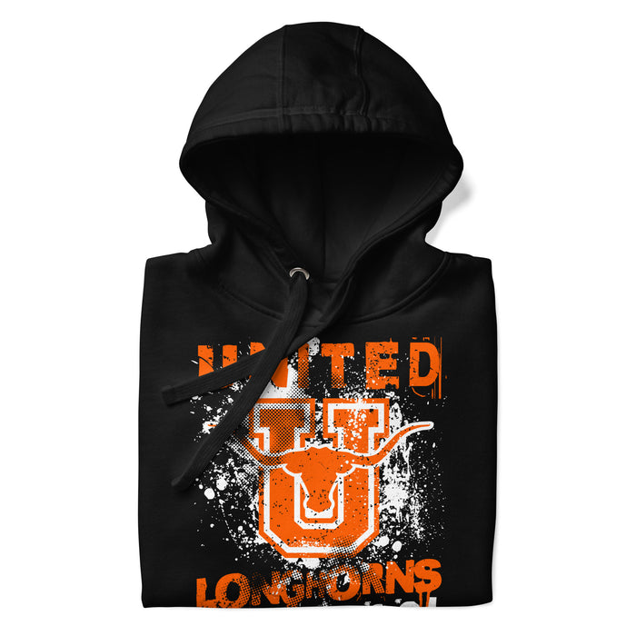 Neatly folded view of United High School Longhorns Black Premium Unisex Hoodie 205