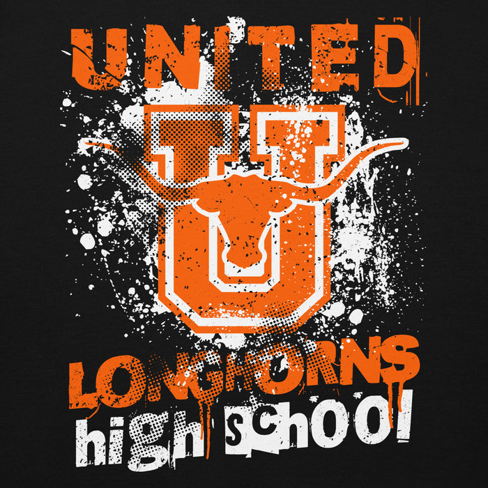 Close-up view of United High School Longhorns Black Premium Unisex Hoodie 205