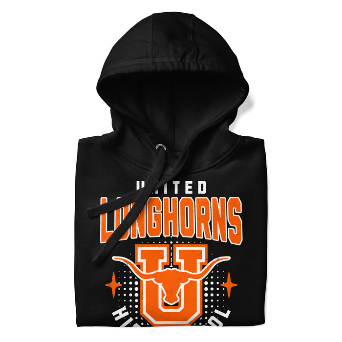 Neatly folded view of United High School Longhorns Black Premium Unisex Hoodie 204