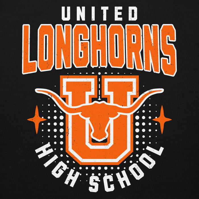 Close-up view of United High School Longhorns Black Premium Unisex Hoodie 204