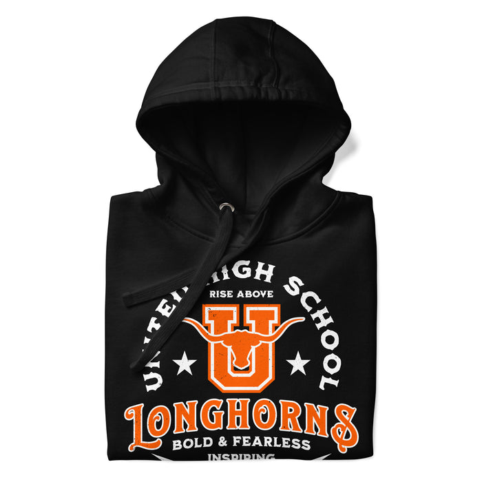 Neatly folded view of United High School Longhorns Black Premium Unisex Hoodie 206