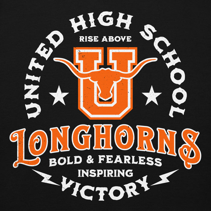 Close-up view of United High School Longhorns Black Premium Unisex Hoodie 206