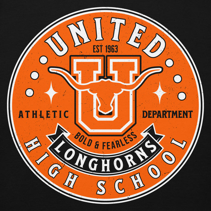 Close-up view of United High School Longhorns Black Premium Unisex Hoodie 215