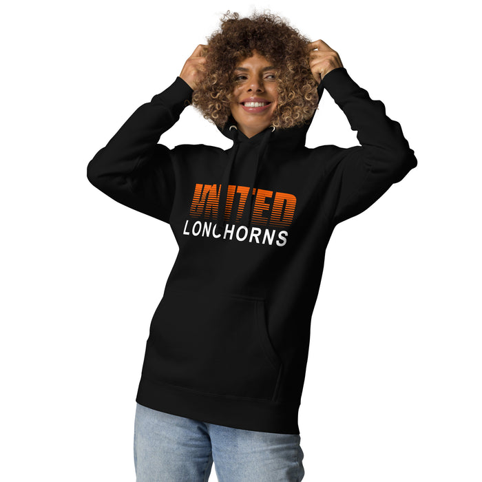 Woman wearing United High School Longhorns Black Premium Unisex Hoodie 024