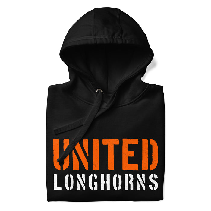 Neatly folded view of United High School Longhorns Black Premium Unisex Hoodie 017