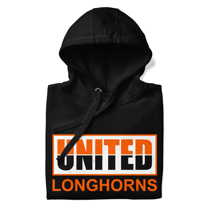 Neatly folded view of United High School Longhorns Black Premium Unisex Hoodie 031