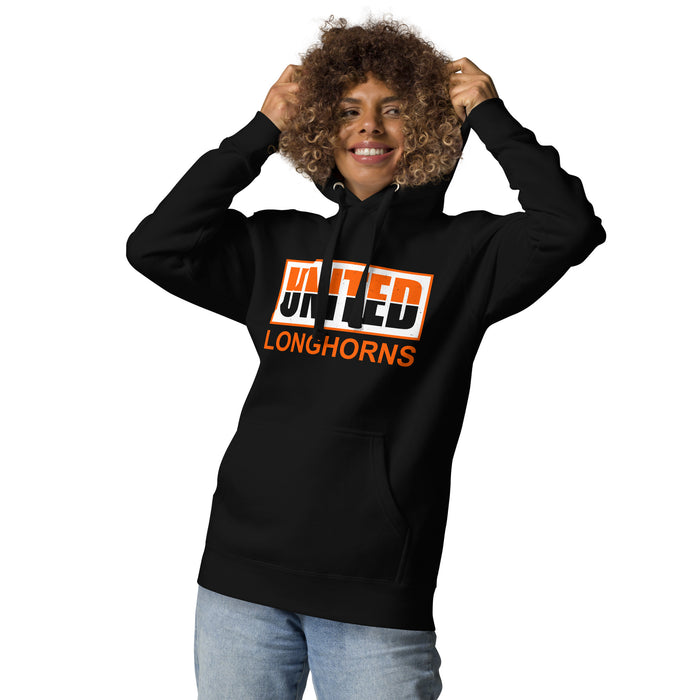 Woman wearing United High School Longhorns Black Premium Unisex Hoodie 031