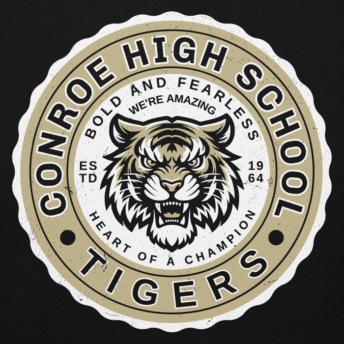 Close-up view of Conroe High School Tigers Black Premium Unisex Hoodie 216