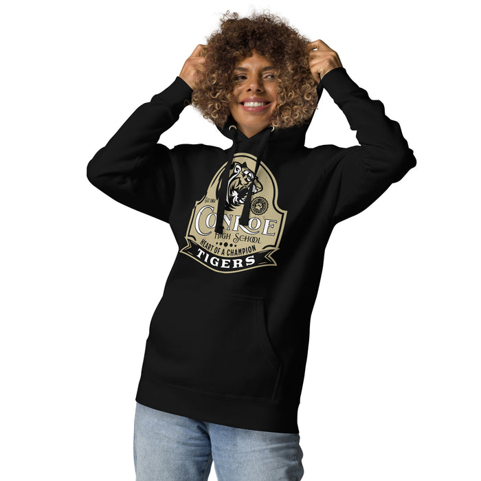 Woman wearing Conroe High School Tigers Black Premium Unisex Hoodie 219
