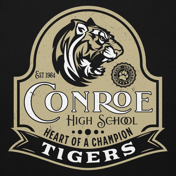 Close-up view of Conroe High School Tigers Black Premium Unisex Hoodie 219