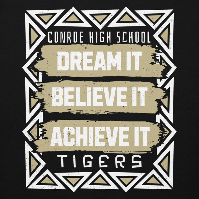 Close-up view of Conroe High School Tigers Black Premium Unisex Hoodie 228
