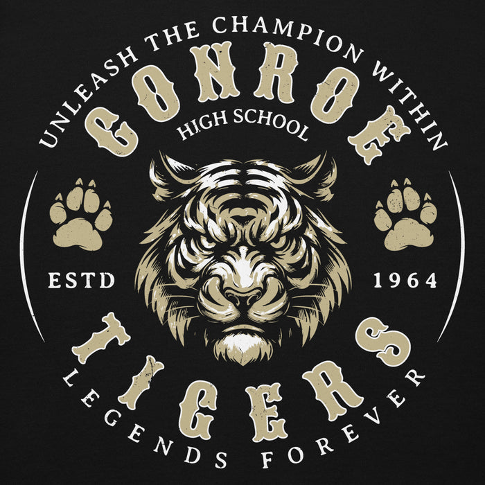 Close-up view of Conroe High School Tigers Black Premium Unisex Hoodie 214