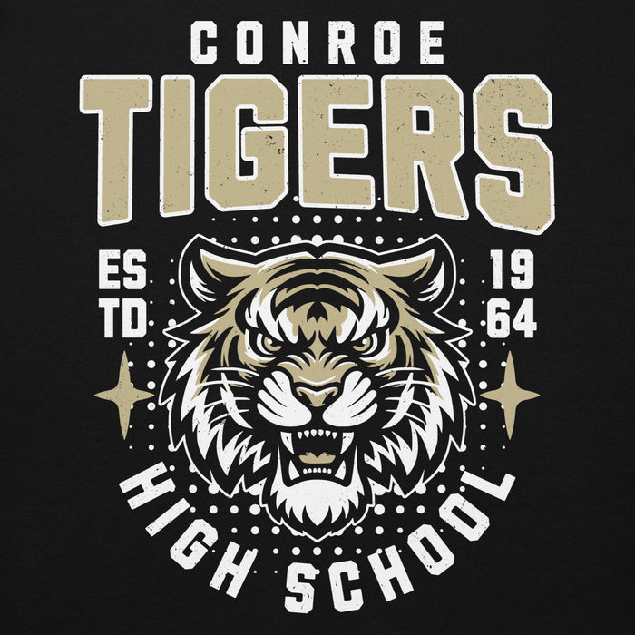 Close-up view of Conroe High School Tigers Black Premium Unisex Hoodie 204