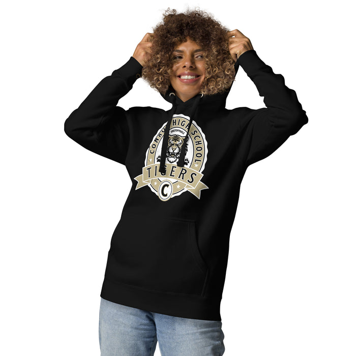 Woman wearing Conroe High School Tigers Black Premium Unisex Hoodie 212