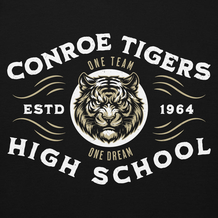 Close-up view of Conroe High School Tigers Black Premium Unisex Hoodie 230