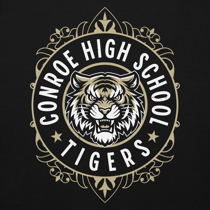 Close-up view of Conroe High School Tigers Black Premium Unisex Hoodie 227