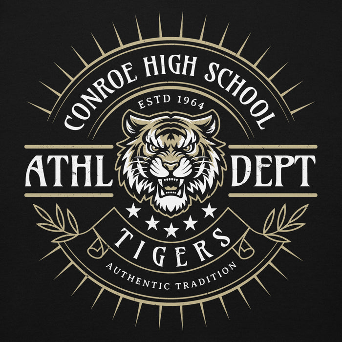 Close-up view of Conroe High School Tigers Black Premium Unisex Hoodie 201