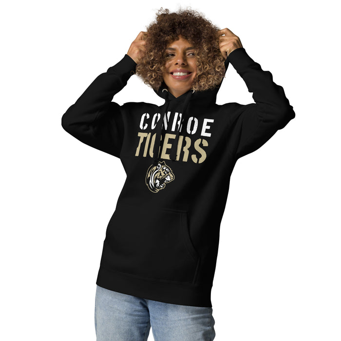 Woman wearing Conroe High School Tigers Black Premium Unisex Hoodie 017