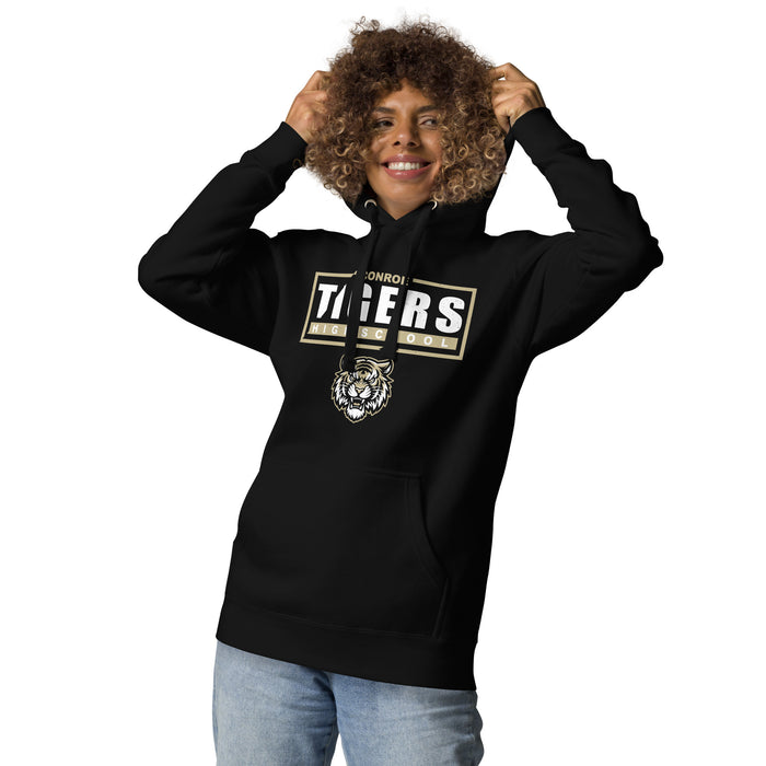 Woman wearing Conroe High School Tigers Black Premium Unisex Hoodie 049