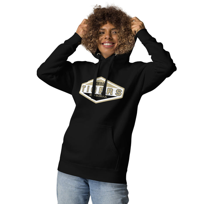 Woman wearing Conroe High School Tigers Black Premium Unisex Hoodie 009