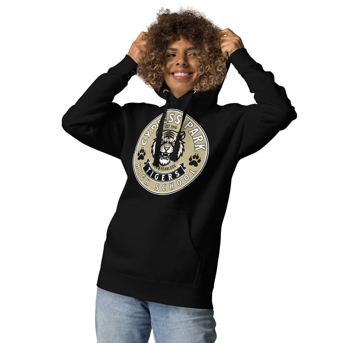 Woman wearing Cypress Park High School Tigers Black Premium Unisex Hoodie 215