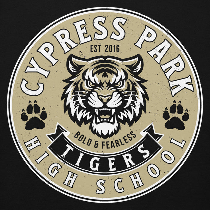 Close-up view of Cypress Park High School Tigers Black Premium Unisex Hoodie 215