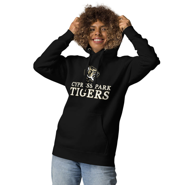 Woman wearing Cypress Park High School Tigers Black Premium Unisex Hoodie 233