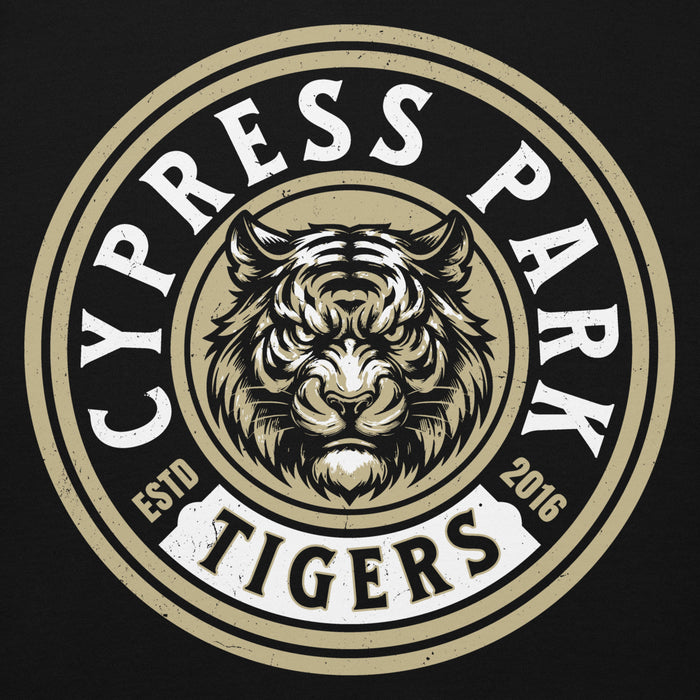 Close-up view of Cypress Park High School Tigers Black Premium Unisex Hoodie 220